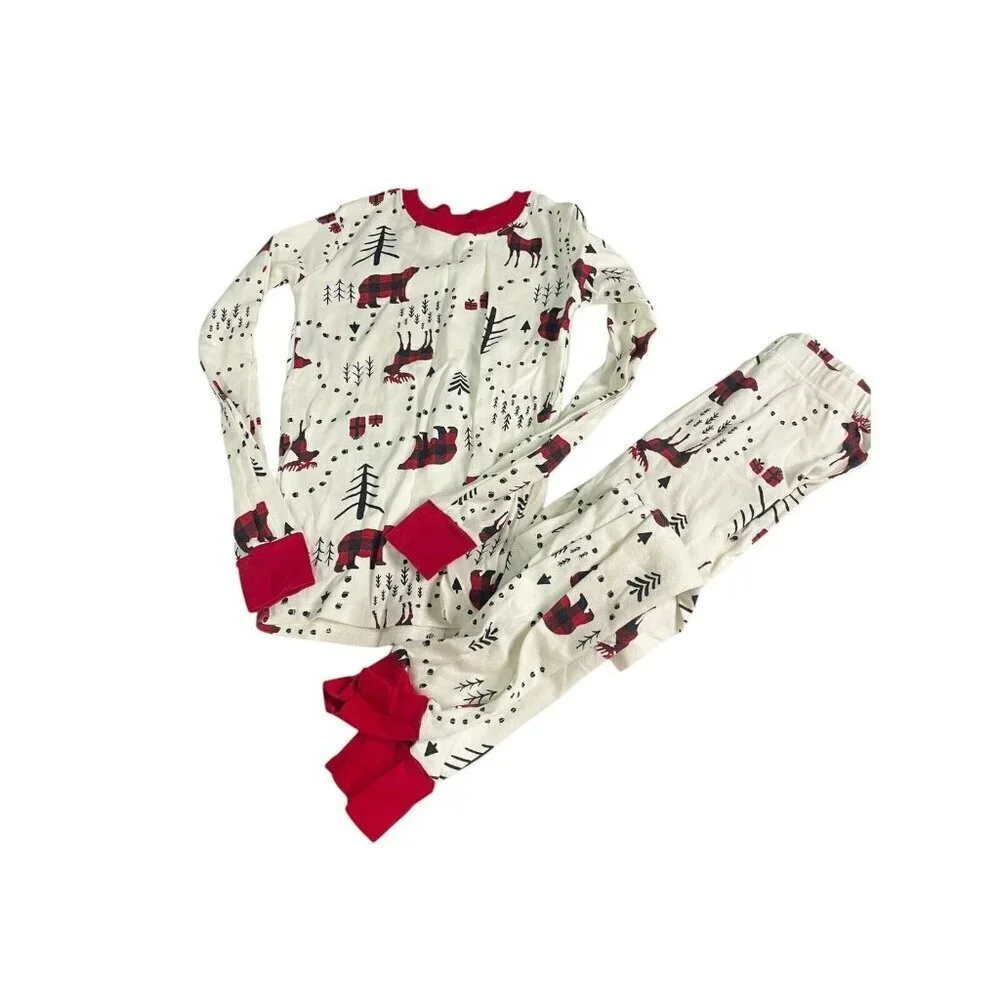 The Children's Place Pajama Set Kids 8 White Red Buffalo Plaid Bear Moose Winter